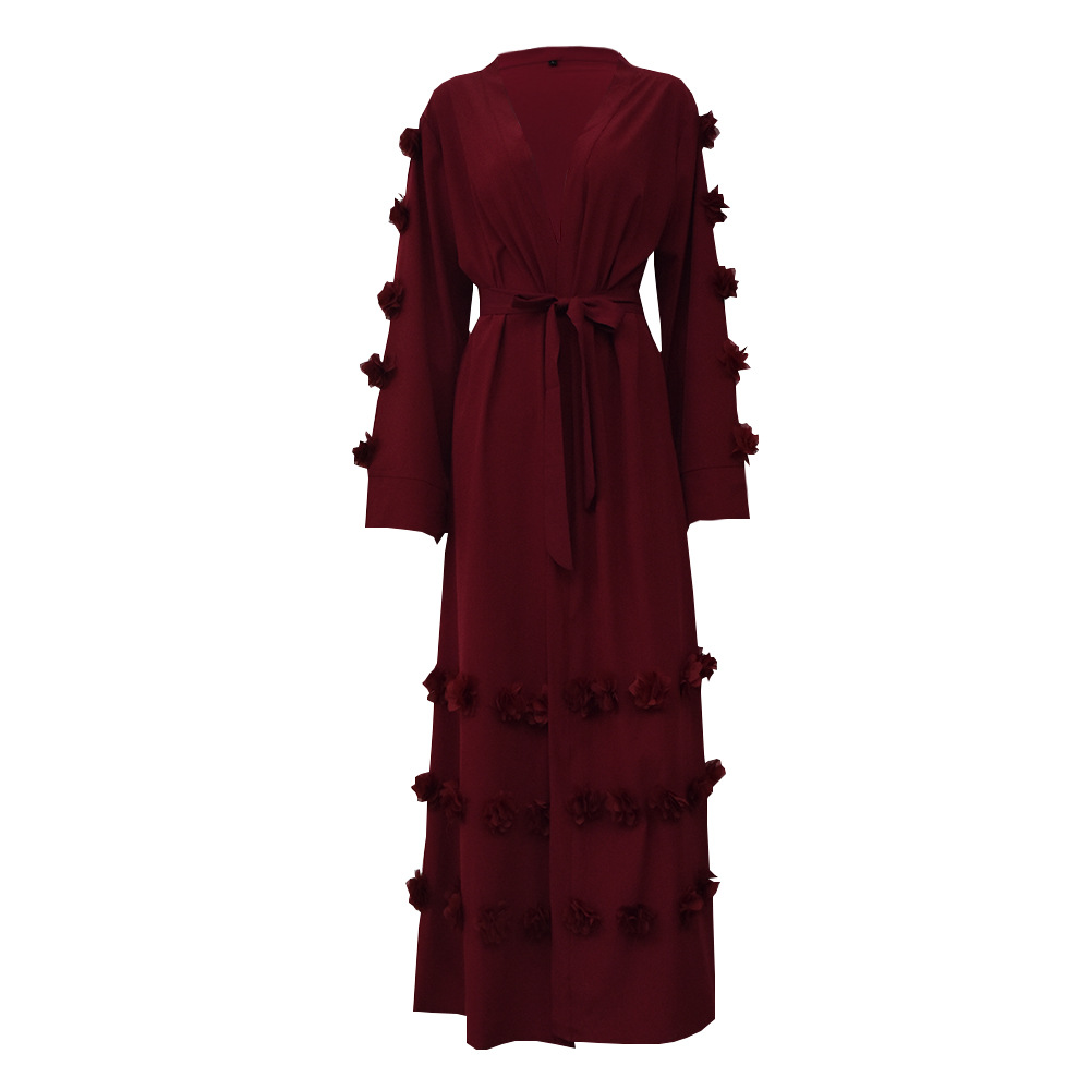 European And American Fashion Muslim Loose Cardigan Three-dimensional Flower Lace Robe