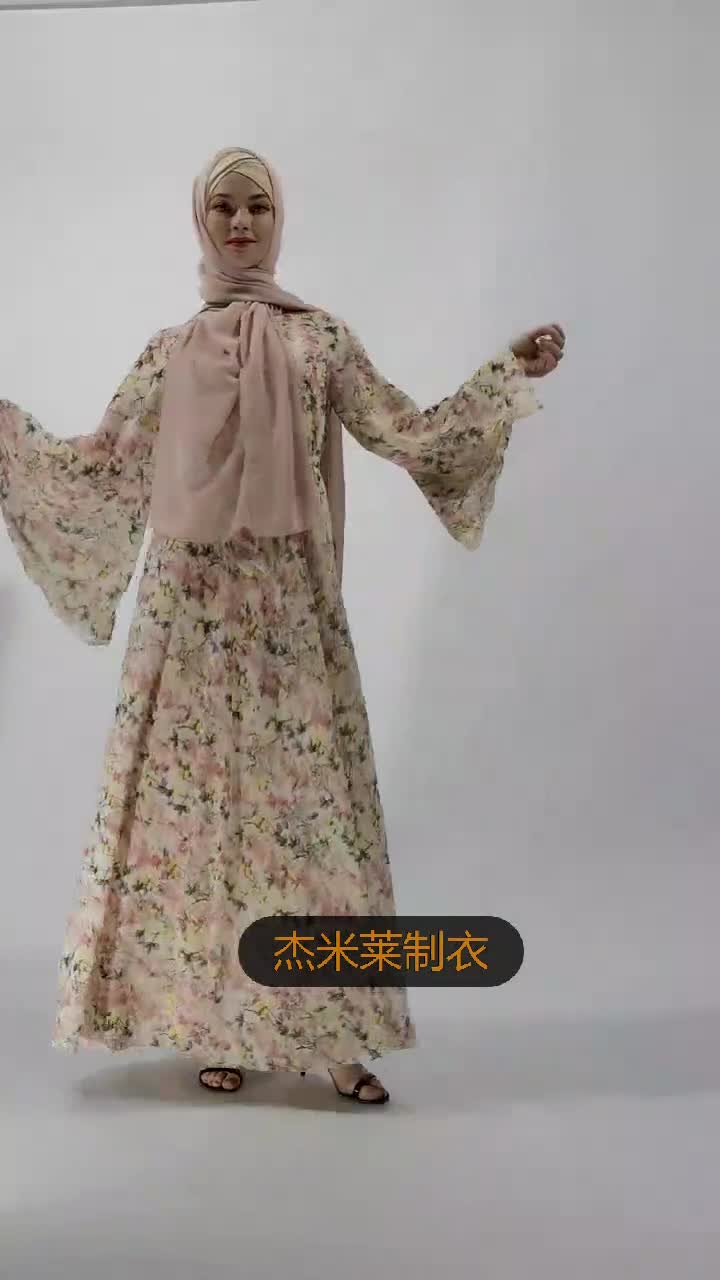 Fashion Floral Chiffon Big Flared Sleeve Dress Retro A-line Slim Muslim Female Abaya Dress