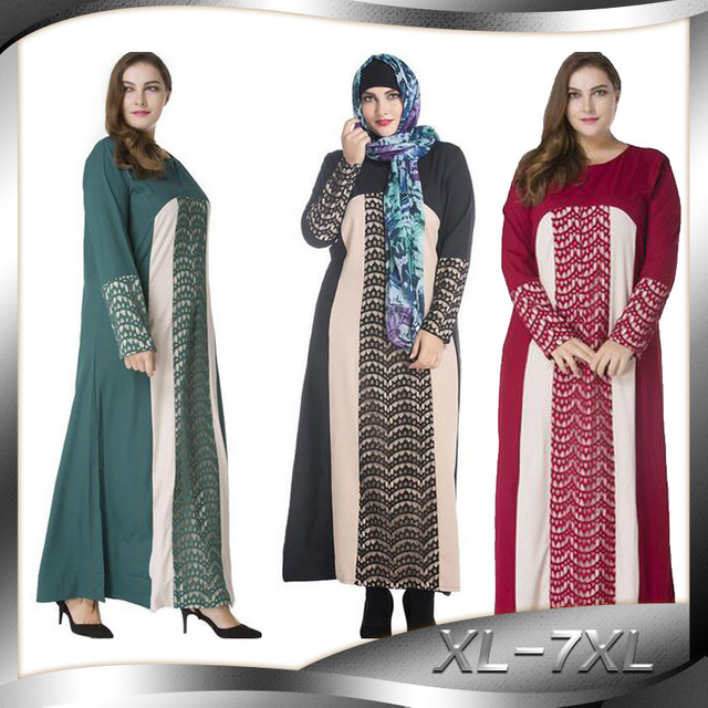 New Fashion Robe Korean Hemp Ethnic Plus Size Muslim Lace Stitching Long-sleeved Dress