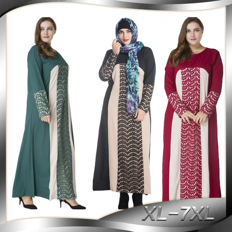 New Fashion Robe Korean Hemp Ethnic Plus Size Muslim Lace Stitching Long-sleeved Dress