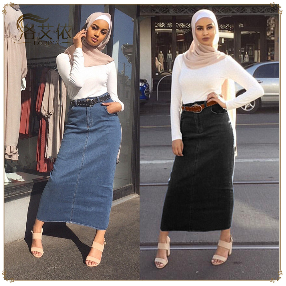 Middle East Denim Modest Muslim Lady New Design Color Fashion Sheath Dress Ins Long Button Skirt