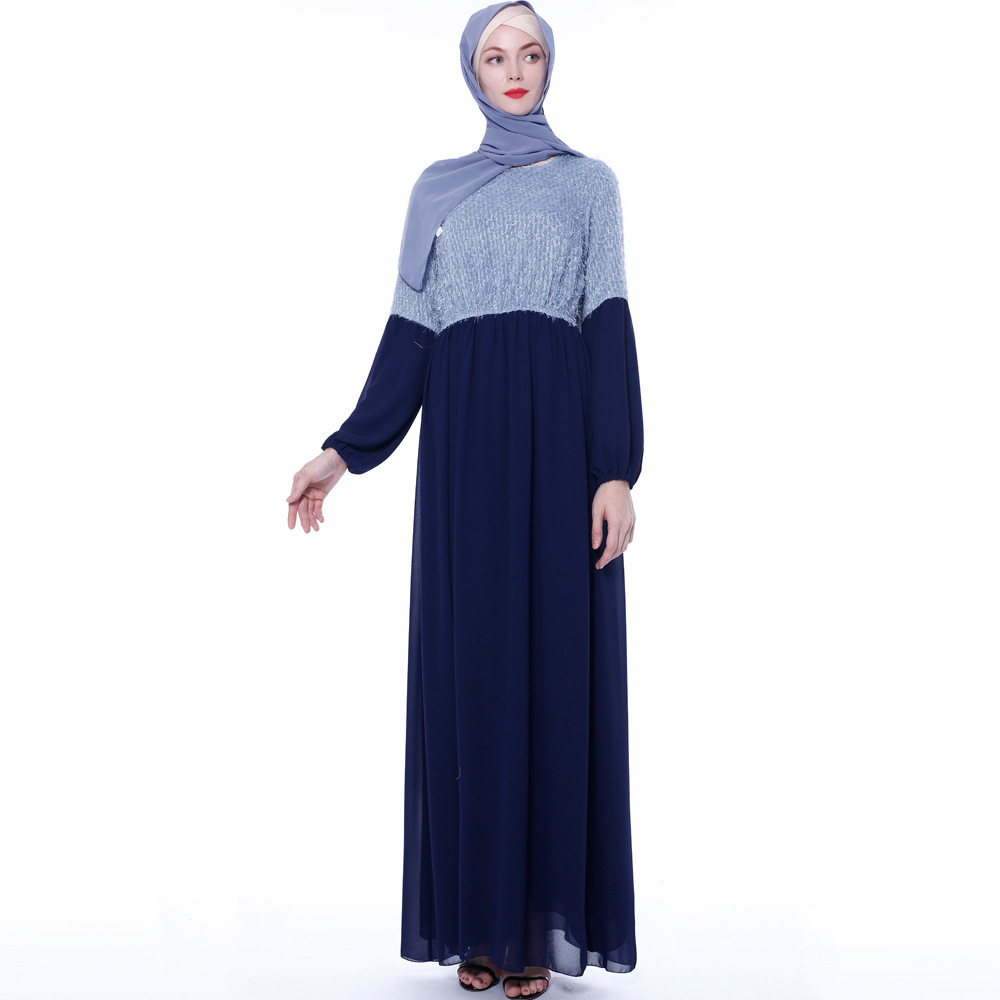 Fashion color matching Islamic Turkish slim chiffon dress female muslim