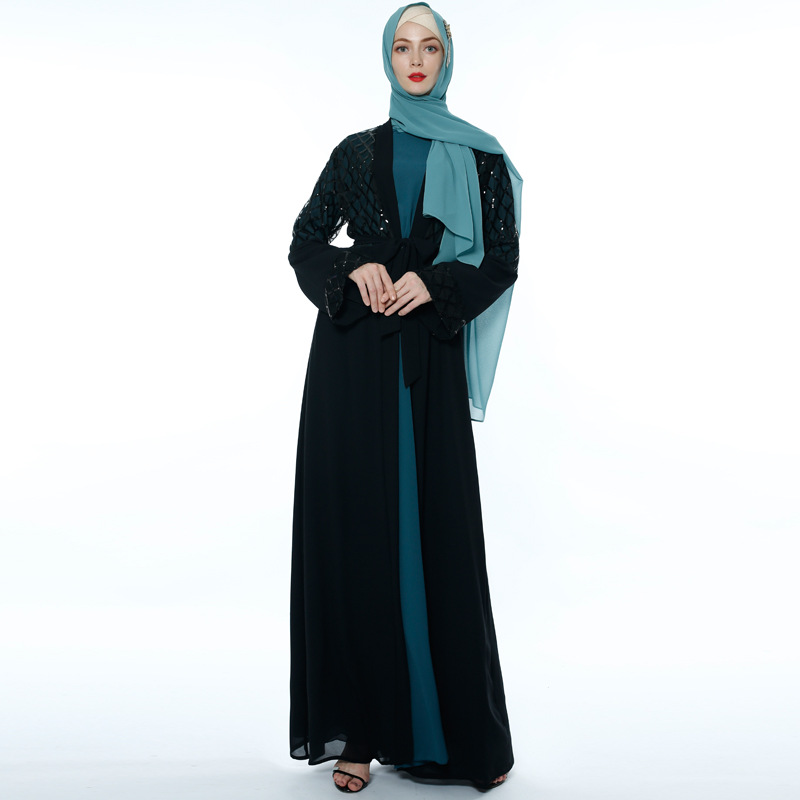INS Sequin Stitching Robe Dubai Muslim Chiffon Cardigan Summer Kimono Women Clothing