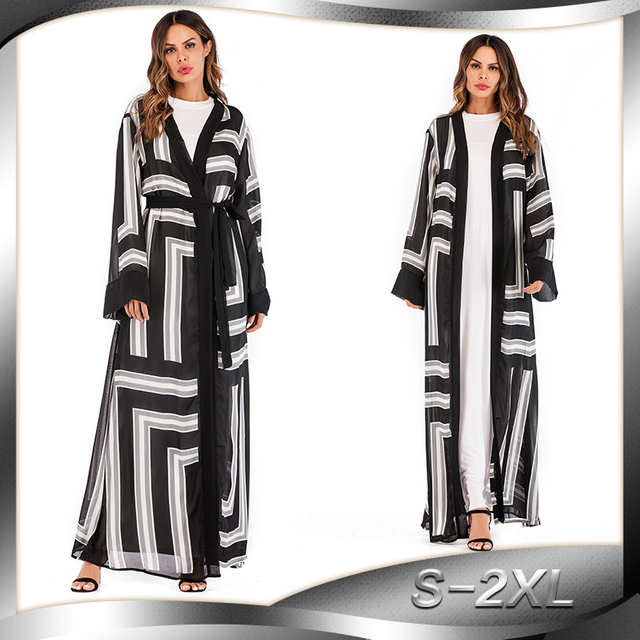 European And American Muslim Muslim Robe Striped Loose Lace Cardigan Women